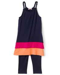 This casual Little Ella outfit features rope shoulder straps and colorful striped layers at the bottom for an effortless, easy-to-wear look.