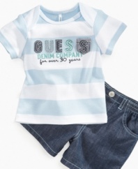 Get fresh! He'll be casually classic in this crisp-looking shirt and short set from Guess.