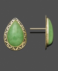 A bold new look that will complement any ensemble. Gleaming jade gemstones (10 mm x 16 mm) in a unique teardrop shape shine within a cut-out Greek key setting. Crafted in 14k gold. Approximate diameter: 3/4 inch.