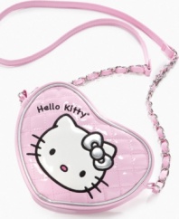 The perfect accessory for her is this playful pink crossbody bag with her favorite adorable kitty on display!
