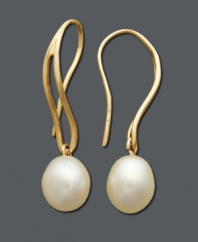 Add an element of effortless style. This timeless pair of earrings features a cultured freshwater pearl (7-8 mm) suspended from a rich, 14k gold setting. Approximate drop: 1-1/5 inches.