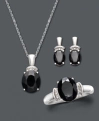 Black onyx makes a statement of bold sophistication. This classic jewelry set features oval-cut faceted onyx (7-5/8 mm) with sparkling diamond accents at the crown. Set includes: stud earrings, pendant, and ring. Crafted in sterling silver. Approximate necklace length: 18 inches. Approximate necklace drop: 3/4 inch. Approximate earring diameter: 3/4 inch. Ring size 7.