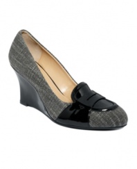 Studious style. Shining patent leather lends sophistication to the tweed Manni loafer wedges from Circa by Joan & David.
