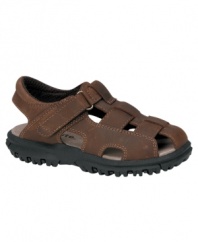 A sturdy, lightweight sandal crafted in quality leather, with a padded collar and footbed and a gripping rubber outsole. Velcro closure. Imported.