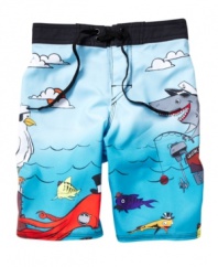 Deep sea diver. He'll love exploring the waters in these fun and comfortable board shorts from Quiksilver.