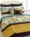 Reminiscent of vintage prints and colors, the Melrose comforter set features a bold, exotic floral motif drenched in turquoise, brown and yellow hues. Pieces are accented with delicate embroidered and pleated details for a statement-making look in the bedroom.