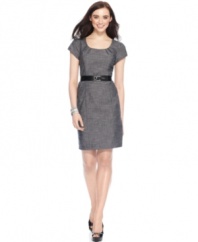 AGB updated a classic sheath silhouette with a modern belted waist. Gathering at the neckline adds an elegant flourish!
