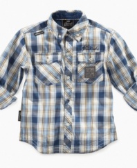 Keep him buttoned up in this sharp long-sleeved shirt from Akademiks.