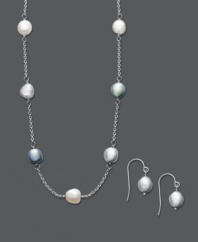 Sheer elegance in a chic, metallic sheen. Fresh by Honora jewelry set features an illusion-style necklace accented by gray multicolored cultured freshwater pearls (7-8 mm) with a matching pair of drop earrings. Crafted in sterling silver. Approximate necklace length: 18 inches. Approximate earring drop: 3/8 inch.