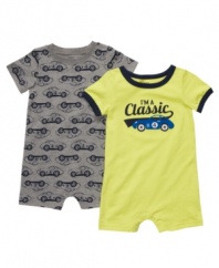 Get your future car aficionado's motor running in one of these rompers from Carters. Short sleeves and a snap bottom make it easy for a quick change too.
