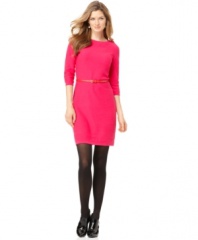 Calvin Klein's sleek sweater dress comes accessorized with a contrasting skinny belt to add an extra shot of color to your workday. Pair with tights and you're ready to go!