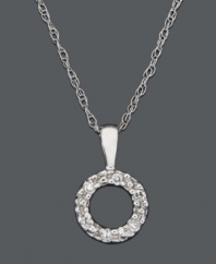 She will look like a mini celebrity every time she steps out in this sparkling pendant. Crafted in 14k white gold, eternity circle-shaped pendant features diamond accents dusting the surface. Approximate length: 15 inches. Approximate drop: 1/2 inch.