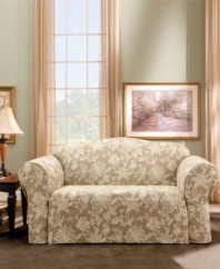 In fair Verona. Flowers and vines dance across a solid duck background for a fresh take on traditional elegance in the Verona loveseat slipcover from Sure Fit. Choose from soothing tones of sage or cocoa.