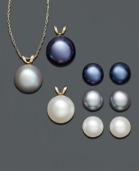 Pearl earrings and a matching pendant for every ensemble. Mix and match three colors of cultured freshwater pearl earrings and pendants (9-9-1/2 mm) for easy accessorizing. Set in 14k gold. Approximate necklace length: 18 inches. Approximate pendant drop: 1/2 inch.