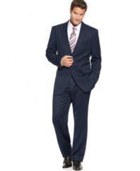 Timeless sophistication and formal style go hand in hand with this navy wool suit.