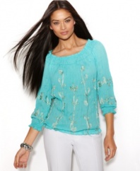 INC's pretty peasant top makes any combination into an exotic, stylish outfit! Detailed embroidery adds a luxe touch.