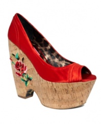 Add some sassy flower power to your life with Betsey Johnson's Rosetaa platform wedges. The quirky blend of natural cork, floral embroidery, sleek satin and leopard make for a one-of-a-kind wonder.