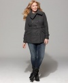 An envelope neckline lends an chic finish to Dollhouse's belted plus size pea coat-- stay warm and stylish this season! (Clearance)