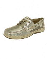 Gilty pleasure: A metallic leather upper yields a luxurious look for Sperry Top-Sider's Bluefish boat shoes. Pair them with simple black pants to show off their shimmering surface.