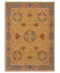 Porcelain blues blend with cinnabar browns on this exquisite Karastan rug. Framed in unique fretwork designs, the Mandarin area rug displays a saffron yellow field, speckled with Chinese medallions and stylized bat motifs. Woven from worsted New Zealand wool and luster-washed for extra sheen.