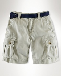 Cool utility- inspired cargo short in substantial cotton twill.