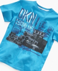 Play on! He'll stay comfortable no matter how active he is in this graphic t-shirt from DKNY.