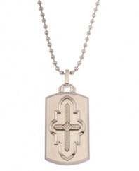A finely wrought stainless steel dog tag pendant with diamond-accented cross, from Simmons Jewelry Co. Approximate length: 30 inches. Approximate drop: 2 inches.