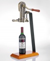 Leave a Legacy at your kitchen or bar. Embossed with decorative grapevines, this handsome corkscrew screws on corks for swift and easy removal with just a pull of the handle. Mount directly to the counter or table or attach to the birch stand for a more dramatic presentation. With bronze finish.