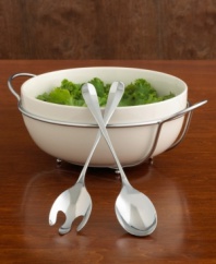 Make a polished presentation of first-course salads with this beautiful serving set. Beautiful porcelain-handled mixing utensils coordinate with a generous porcelain bowl. Set includes one of these 10 round salad bowls with a chrome rack and two salad servers.
