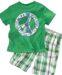 He'll look relaxed and be comfortable in this graphic shirt and plaid short set from Kenneth Cole.