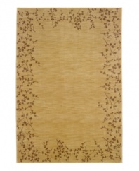 Warm and inviting, this rug imparts a natural, spring-like quality to its surroundings. Expertly crafted with the soft coloration of goldenrod and framed by a dark, attractive organic pattern suggesting the first cherry blossoms of spring. Gentle striations across the surface create a unique and desirable textured look. Simply beautiful and made to last.