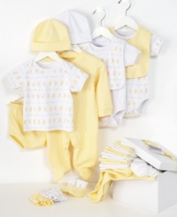 New parents will love this 22-piece starter set that is sure to get the sweet baby off to a cozy start. Set includes: 1 footed coverall; 1 diaper cover with elastic waist; 3 pairs of socks; 2 caps; 1 hooded towel; 2 short-sleeved bodysuits; 2 bibs; 2 pairs of mittens; 1 short sleeved tee; 6 washcloths and 1 pair of booties.