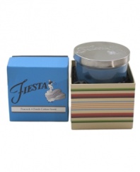 Yet another reason to love Fiesta, this pretty blue candle inspires calm in the den, kitchen or bath with a clean cotton aroma. A metal lid embossed with the style icon's famous flamenco dancer caps it all off. With a coordinating gift box.