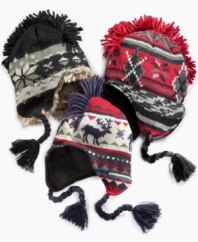 These peruvian hats with mohawk fringe add a bit of outdoor style to his winter weather gear.