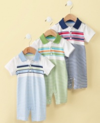 Suit him up in stripes. He'll be stylish and comfortable in this sweet, striped sunsuit from First Impressions.