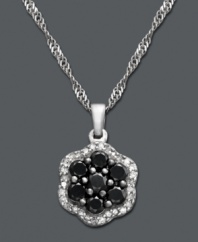 Add a touch of elegance and a drop of bold color. This versatile pendant features seven black diamonds (7/8 ct. t.w.) surrounded by a halo of round-cut white diamonds (1/6 ct. t.w.). Crafted in sterling silver. Approximate length: 18 inches. Approximate drop: 1/2 inch.