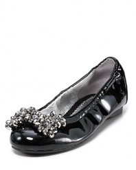 This season, treat her to these snazzy Stuart Weitzman flats boasting a glossy shine and jingly beaded bow at the toe.