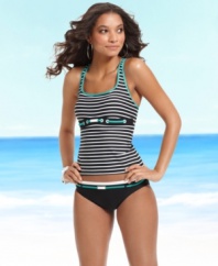 Nautica's tankini top gets fresh with sleek stripes and a sporty racerback! The cute contrast piping adds a feminine touch.