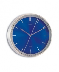 Meant to be seen, not heard, this Opal Clocks wall clock combines an electric-blue dial and smooth, soundless movement in sleek, brushed aluminum. With a double-sided second hand and numberless design.