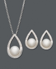 Add pristine sophistication with timeless pearl. Sleek teardrop set includes a necklace and earrings featuring cultured freshwater pearls (5-1/2 to 6 mm) with a dusting of diamond accents at the crown. Set crafted in smooth sterling silver. Approximate necklace length: 18 inches. Approximate pendant drop: 3/4 inch. Approximate earring diameter: 1/2 inch.