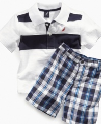 Mix and match patterns blend effortlessly in this shirt and short set from Nautica for a dapper look everyone will love on your little guy.