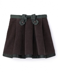 A ladylike flared gray skirt is dressed up with genteel pleats, ribbon trim and a waistline bow. By Little Marc Jacobs.