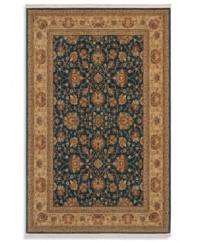 With bold style to support a more striking décor, this Karastan rug combines a timely color palette with classic design. Set on rich Prussian blue, the intricate flower-and-vine pattern pops with accents of terra cotta, hemp and jute. Masterfully placed striations add textural interest.