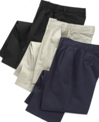 These handsome Dockers pants are constructed in a wrinkle-free fabric with a permanent pleated crease so he never loses that crisp just-out-of-the-closet look.