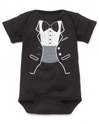 Who says rompers can't be fancy? A short sleeve black romper with tuxedo graphic printed on front.