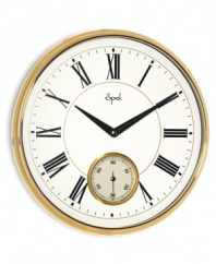 Time is – and looks like – a luxury with this gold-finished wall clock. A second dial at 6 o'clock makes every second count while bold Roman numerals add traditional grandeur to the altogether stately design. From Opal Clocks.