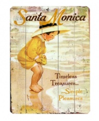 Adorable for your baby's bedroom or the family beach house, this wooden sign captures the ageless excitement of playing in the surf. A vintage illustration and weathered finish brings a nostalgic feel to the sunny Santa Monica scene.