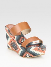 Rich leather slide with a trendy tribal-print linen footbed and wedge. Self-covered wedge, 4 (100mm)Covered platform, 1 (25mm)Compares to a 3 heel (75mm)Printed linen and leather upperLinen liningRubber solePadded insoleImportedOUR FIT MODEL RECOMMENDS ordering true size. 