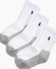 Keeping his feet dry and comfortable is as easy as one, two, three. These socks come in a value three pack and have sporty gray soles and a ribbed knit rise that will keep it snug around his ankle.