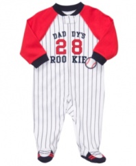You little slugger will look adorable with this baseball-inspired coverall from Carter's.
